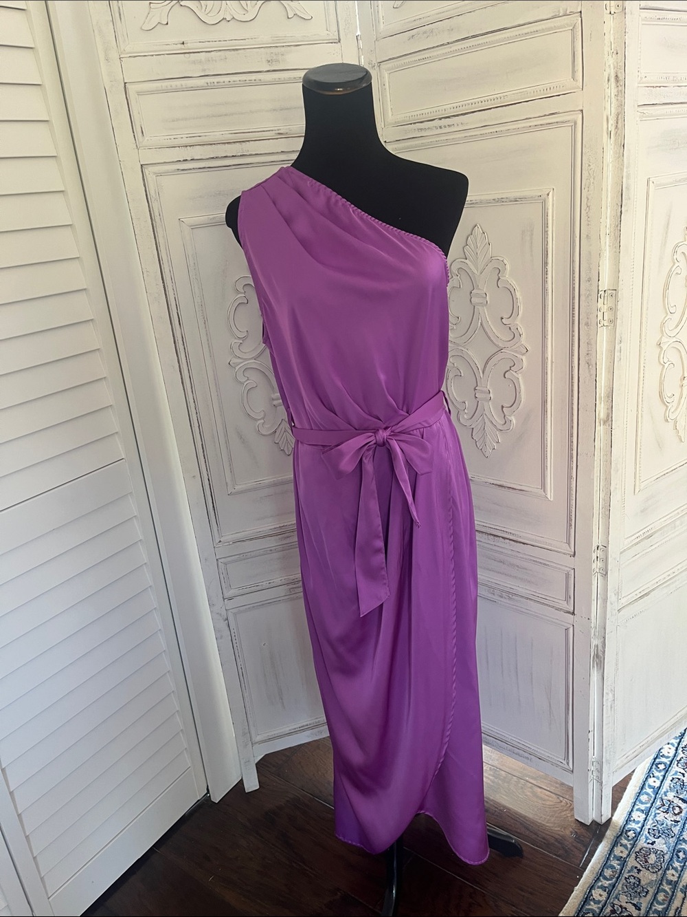 SHEIN One-Shoulder Purple Satin Midi Dress with Waist Tie